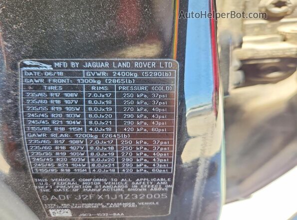 SADFJ2FX1J1Z32005 2018 JAGUAR E-PACE Black Вид наклейки з VIN-кодом
