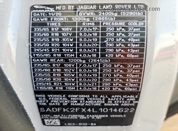 SADFK2FX4L1014622 2020 JAGUAR E-PACE Gray VIN sticker view