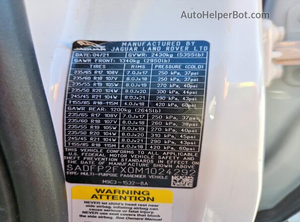 SADFP2FX0M1024292 2021 JAGUAR E-PACE White სალონის 360-გრადუსიანი ხედი
