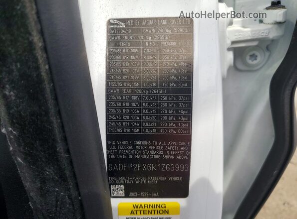 SADFP2FX6K1Z63993 2019 JAGUAR E-PACE Белый Вид наклейки с VIN-кодом
