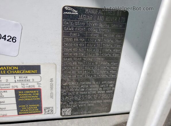 SADHB2S11K1F75503 2019 JAGUAR BUV White Widok naklejki z numerem VIN