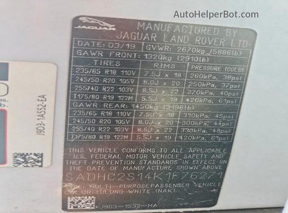 SADHC2S14K1F76271 2019 JAGUAR I-PACE White Vista del compartimento del motor