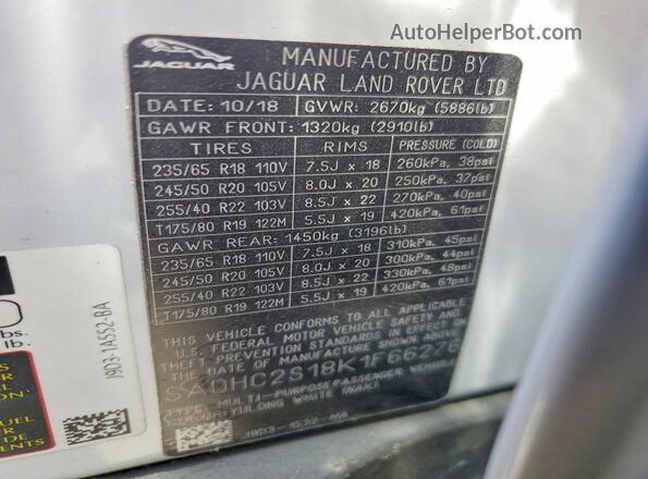 SADHC2S18K1F66276 2019 JAGUAR I-PACE Белый Вид наклейки с VIN-кодом