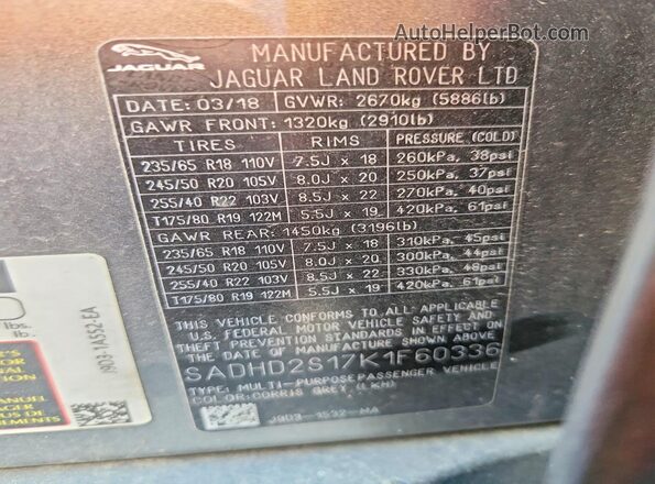 SADHD2S17K1F60336 2019 JAGUAR I-PACE Gray Вид підкапотного простору