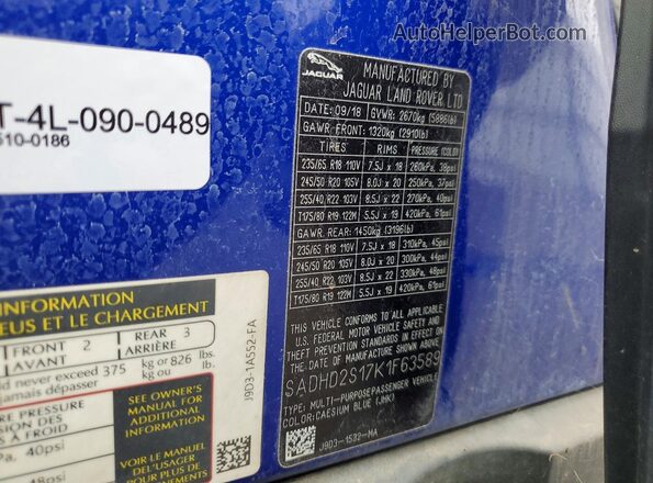 SADHD2S17K1F63589 2019 JAGUAR I-PACE Blue VIN sticker view