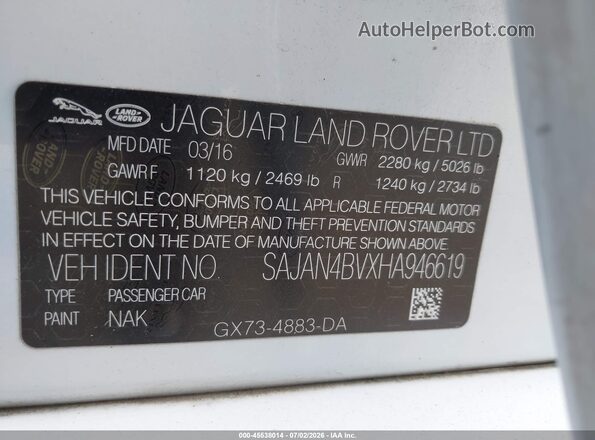 SAJAN4BVXHA946619 2017 JAGUAR XF White Շարժիչի բաժամունքի տեսք