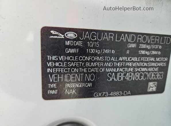 SAJBF4BV8GCY06363 2016 JAGUAR XF White Vista del compartimento del motor