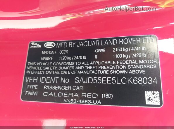 SAJD55EE5LCK68034 2020 JAGUAR F-TYPE Red Widok komory silnika