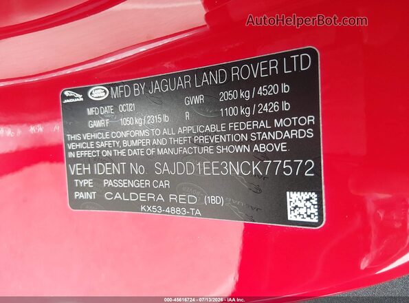 SAJDD1EE3NCK77572 2022 JAGUAR F-TYPE Red Engine compartment view