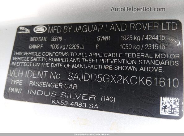 SAJDD5GX2KCK61610 2019 JAGUAR F-TYPE Silver Engine compartment view