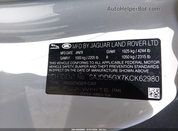 SAJDD5GX7KCK62980 2019 JAGUAR F-TYPE White Вид підкапотного простору