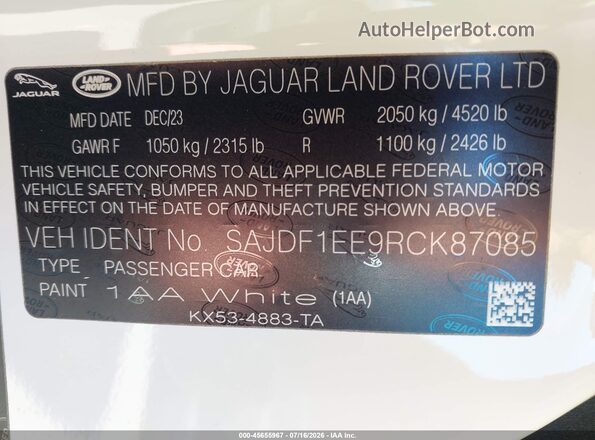 SAJDF1EE9RCK87085 2024 JAGUAR F-TYPE Белый Вид подкапотного пространства