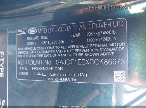 SAJDF1EEXRCK86673 2024 JAGUAR F-TYPE Green Widok komory silnika