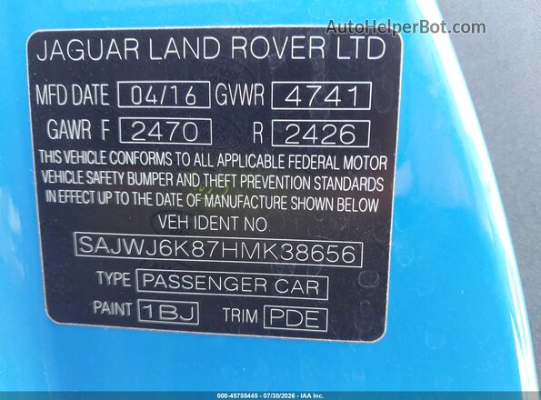 SAJWJ6K87HMK38656 2017 JAGUAR F-TYPE Blue Widok komory silnika