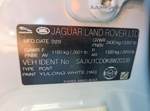 SAJXJ1CD0K8W20336 2019 JAGUAR XJ Белый Вид наклейки с VIN-кодом