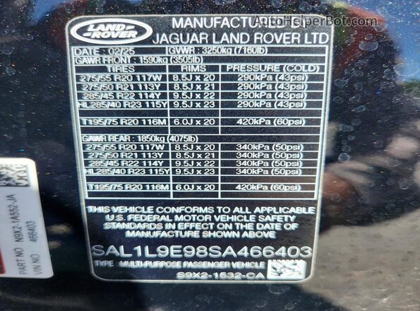 SAL1L9E98SA466403 2025 LAND ROVER RANGE Black Vista de la etiqueta del VIN