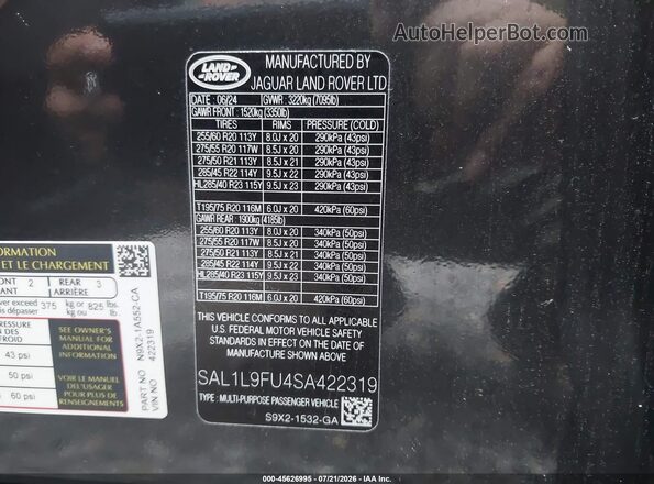 SAL1L9FU4SA422319 2025 LAND ROVER RANGE ROVER SPORT Black Շարժիչի բաժամունքի տեսք