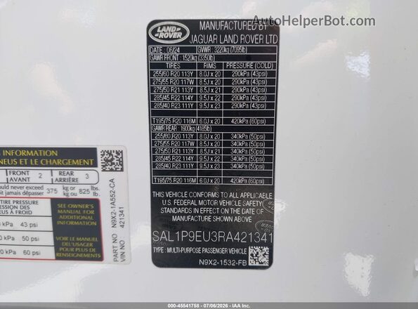 SAL1P9EU3RA421341 2024 LAND ROVER RANGE ROVER SPORT White Widok komory silnika