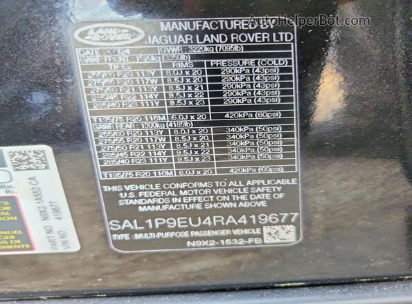 SAL1P9EU4RA419677 2024 LAND ROVER RANGE Черный Вид наклейки с VIN-кодом
