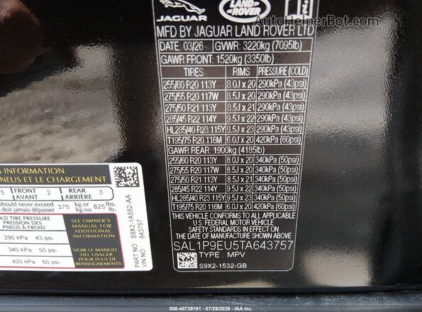 SAL1P9EU5TA643757 2026 LAND ROVER RANGE ROVER SPORT Black ძრავის განყოფილების ხედი