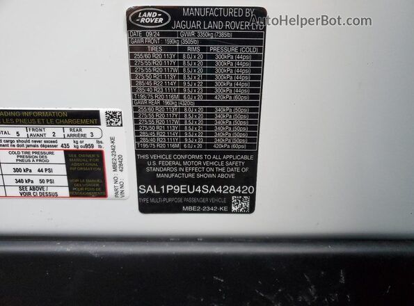 SAL1P9EU9RA180854 2024 LAND ROVER RANGE Белый Вид наклейки с VIN-кодом