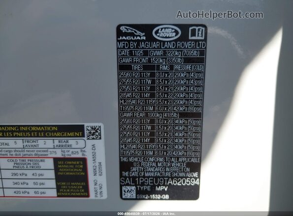 SAL1P9EU9TA620594 2026 LAND ROVER RANGE ROVER SPORT White Vista del compartimento del motor