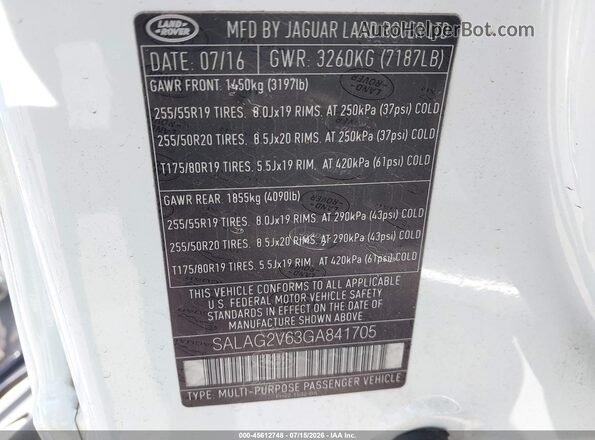 SALAG2V63GA841705 2016 LAND ROVER LR4 White Vista del compartimento del motor