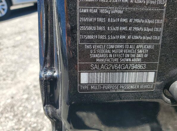 SALAG2V64GA794863 2016 LAND ROVER LR4 Черный Вид наклейки с VIN-кодом