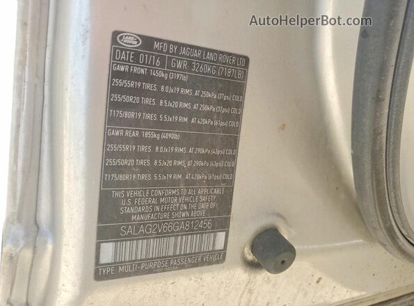SALAG2V66GA812456 2016 LAND ROVER LR4 Beige Widok naklejki z numerem VIN
