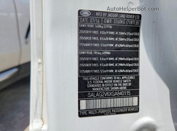 SALAG2V6XGA840115 2016 LAND ROVER LR4 White Вид наклейки з VIN-кодом