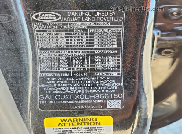 SALCJ2FX0LH856150 2020 LAND ROVER DISCOVERY Black Vista de la etiqueta del VIN