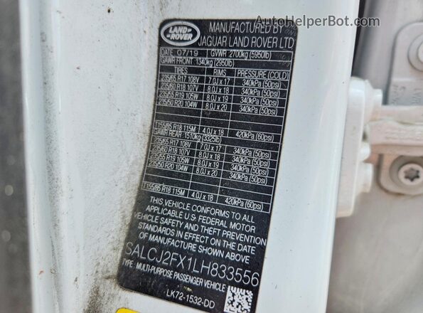 SALCJ2FX1LH833556 2020 LAND ROVER DISCOVERY White Widok naklejki z numerem VIN