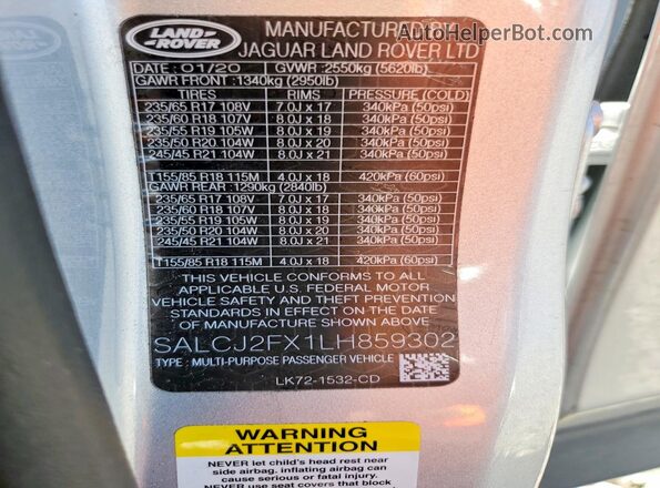 SALCJ2FX1LH859302 2020 LAND ROVER DISCOVERY Silver VIN კოდის სტიკერის ხედი