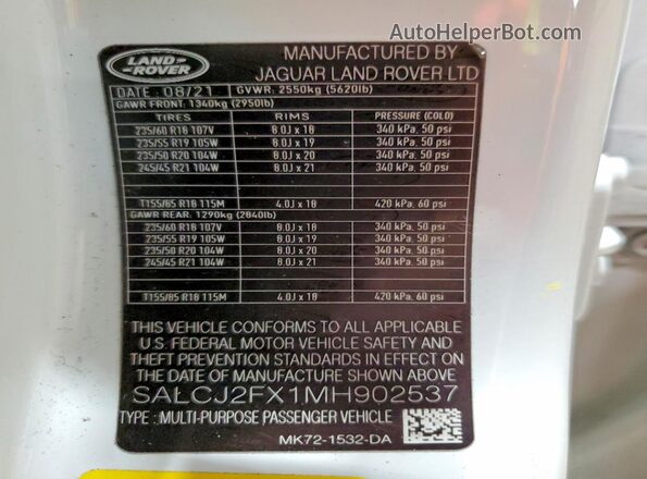 SALCJ2FX1MH902537 2021 LAND ROVER DISCOVERY White Widok wnętrza 360 stopni