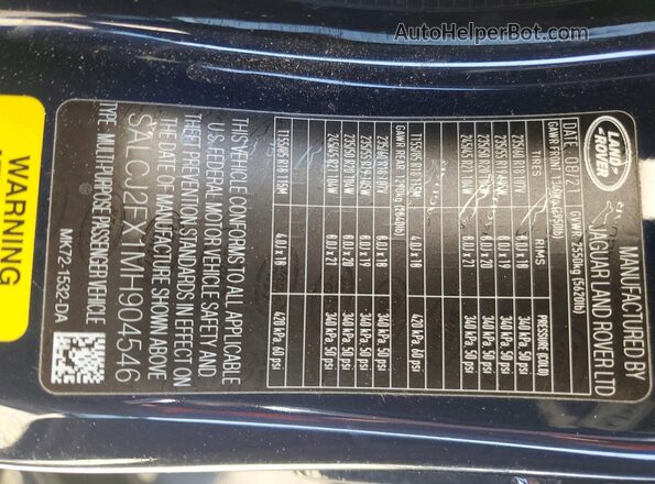 SALCJ2FX1MH904546 2021 LAND ROVER DISCOVERY Синий Вид наклейки с VIN-кодом