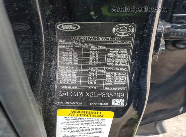SALCJ2FX2LH835199 2020 LAND ROVER DISCOVERY Черный Вид наклейки с VIN-кодом