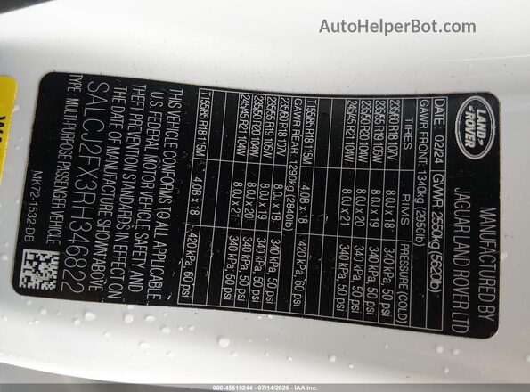 SALCJ2FX3RH346822 2024 LAND ROVER DISCOVERY SPORT White Вид підкапотного простору