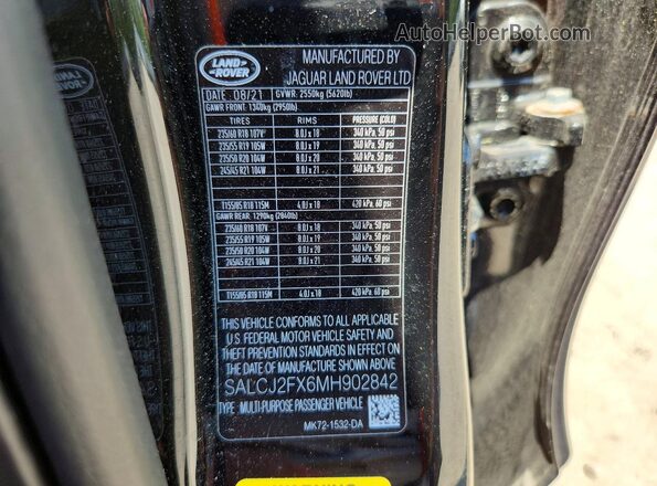 SALCJ2FX6MH902842 2021 LAND ROVER DISCOVERY Black VIN კოდის სტიკერის ხედი