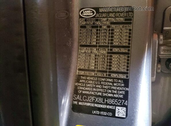SALCJ2FX8LH865274 2020 LAND ROVER DISCOVERY Серый Вид наклейки с VIN-кодом
