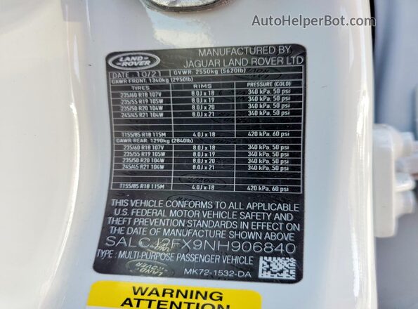 SALCJ2FX9NH906840 2022 LAND ROVER DISCOVERY White VIN კოდის სტიკერის ხედი