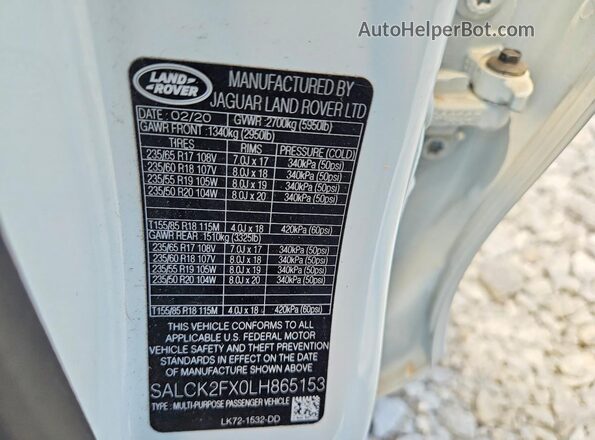 SALCK2FX0LH865153 2020 LAND ROVER DISCOVERY Белый Вид наклейки с VIN-кодом