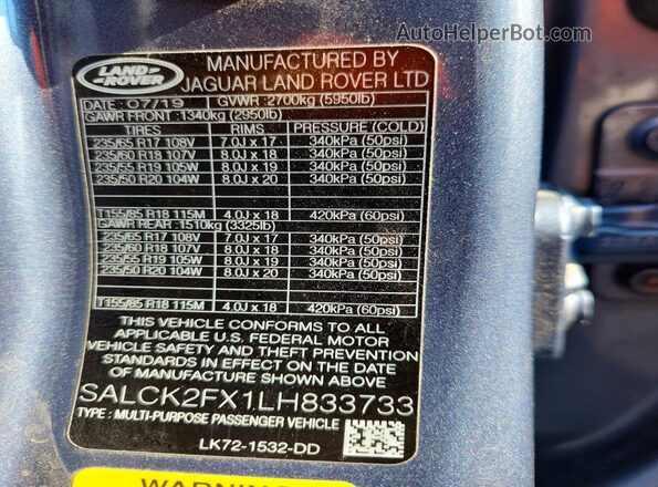 SALCK2FX1LH833733 2020 LAND ROVER DISCOVERY Синий Вид наклейки с VIN-кодом