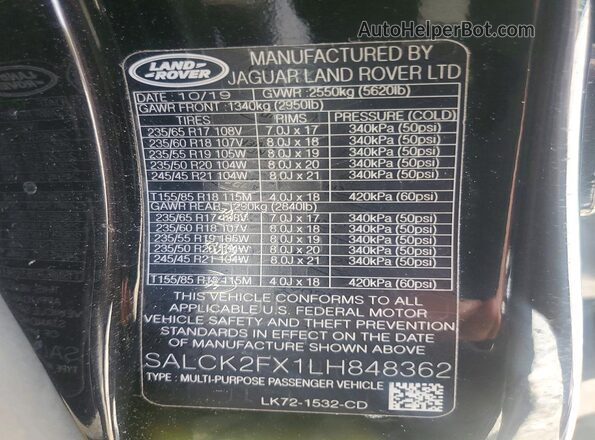 SALCK2FX1LH848362 2020 LAND ROVER DISCOVERY Black Вид наклейки з VIN-кодом