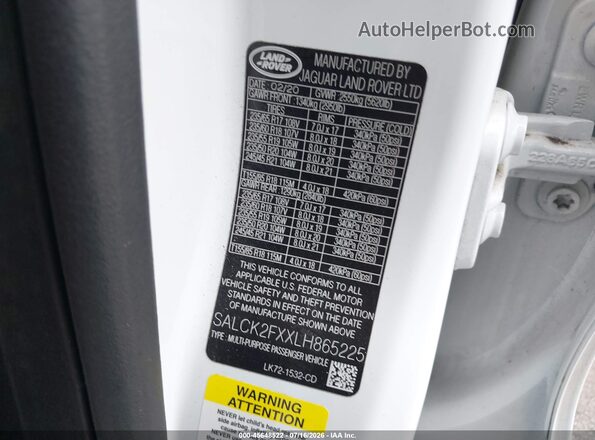 SALCK2FXXLH865225 2020 LAND ROVER DISCOVERY SPORT White ძრავის განყოფილების ხედი