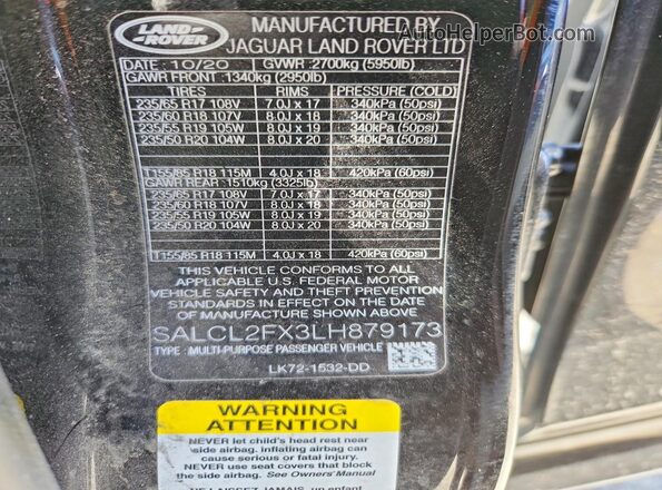 SALCL2FX3LH879173 2020 LAND ROVER DISCOVERY Black VIN sticker view