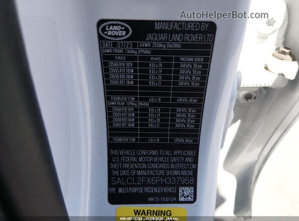 SALCL2FX6PH337958 2023 LAND ROVER DISCOVERY SPORT White Вид підкапотного простору