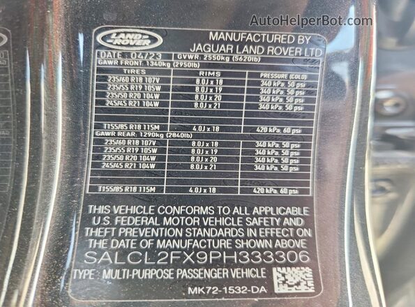 SALCL2FX9PH333306 2023 LAND ROVER DISCOVERY Серый Вид наклейки с VIN-кодом