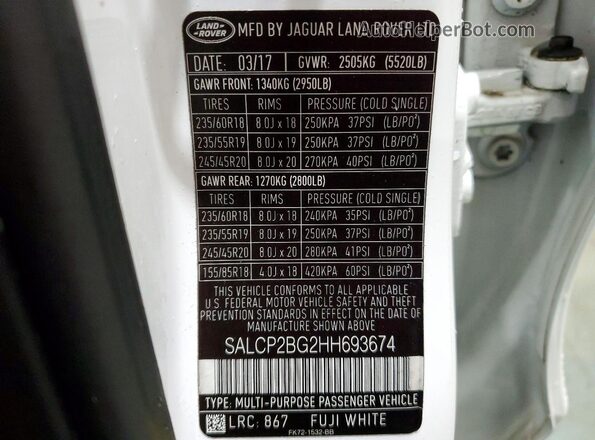 SALCP2BG2HH693674 2017 LAND ROVER DISCOVERY White Вид наклейки з VIN-кодом