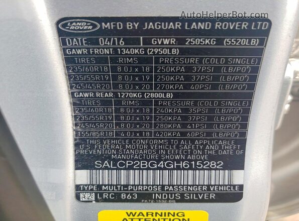 SALCP2BG4GH615282 2016 LAND ROVER DISCOVERY Silver Widok wnętrza 360 stopni