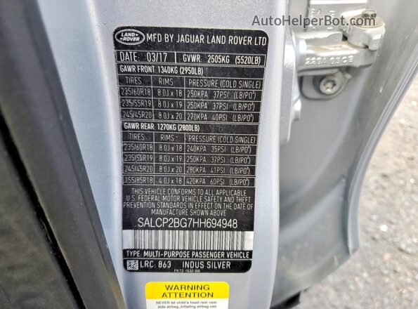 SALCP2BG7HH694948 2017 LAND ROVER DISCOVERY Серебряный Вид наклейки с VIN-кодом